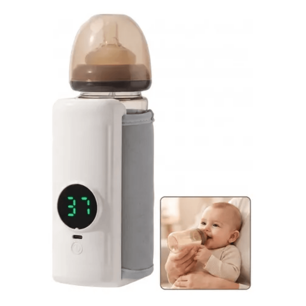 Calentador de mamaderas con pantalla digital de temperatura y bebé tomando mamadera