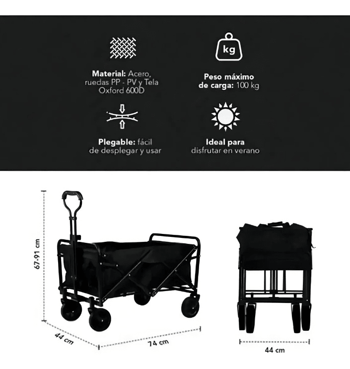 Especificaciones técnicas carrito camping: 100 kg, 74x44x67-91 cm