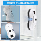 Robot limpiavidrios blanco sobre una ventana, con detalles del rociador automático y los paños de limpieza.
