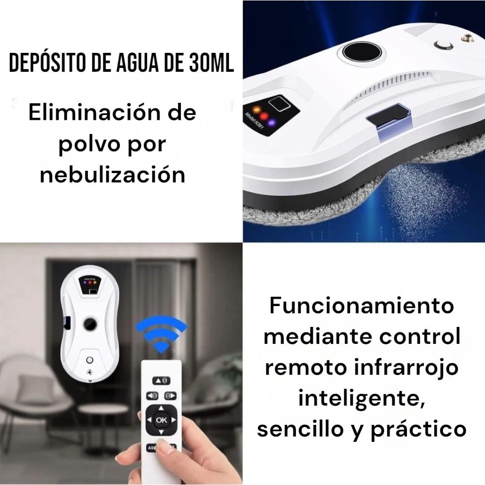 Detalles del depósito de agua de 30 ml y demostración del control remoto del robot limpiavidrios.