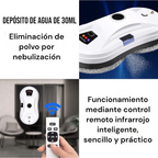 Detalles del depósito de agua de 30 ml y demostración del control remoto del robot limpiavidrios.