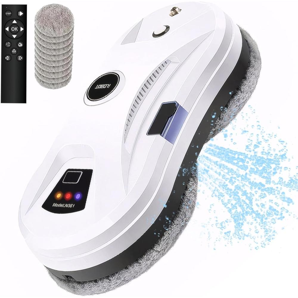 Robot limpiavidrios blanco con pulverizador lateral, control remoto y paños de limpieza.