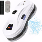 Robot limpiavidrios blanco con pulverizador lateral, control remoto y paños de limpieza.