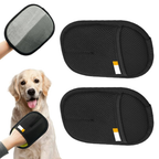 Dos guantes quitapelos negros, detalle de ambas caras y demostración junto a un perro.