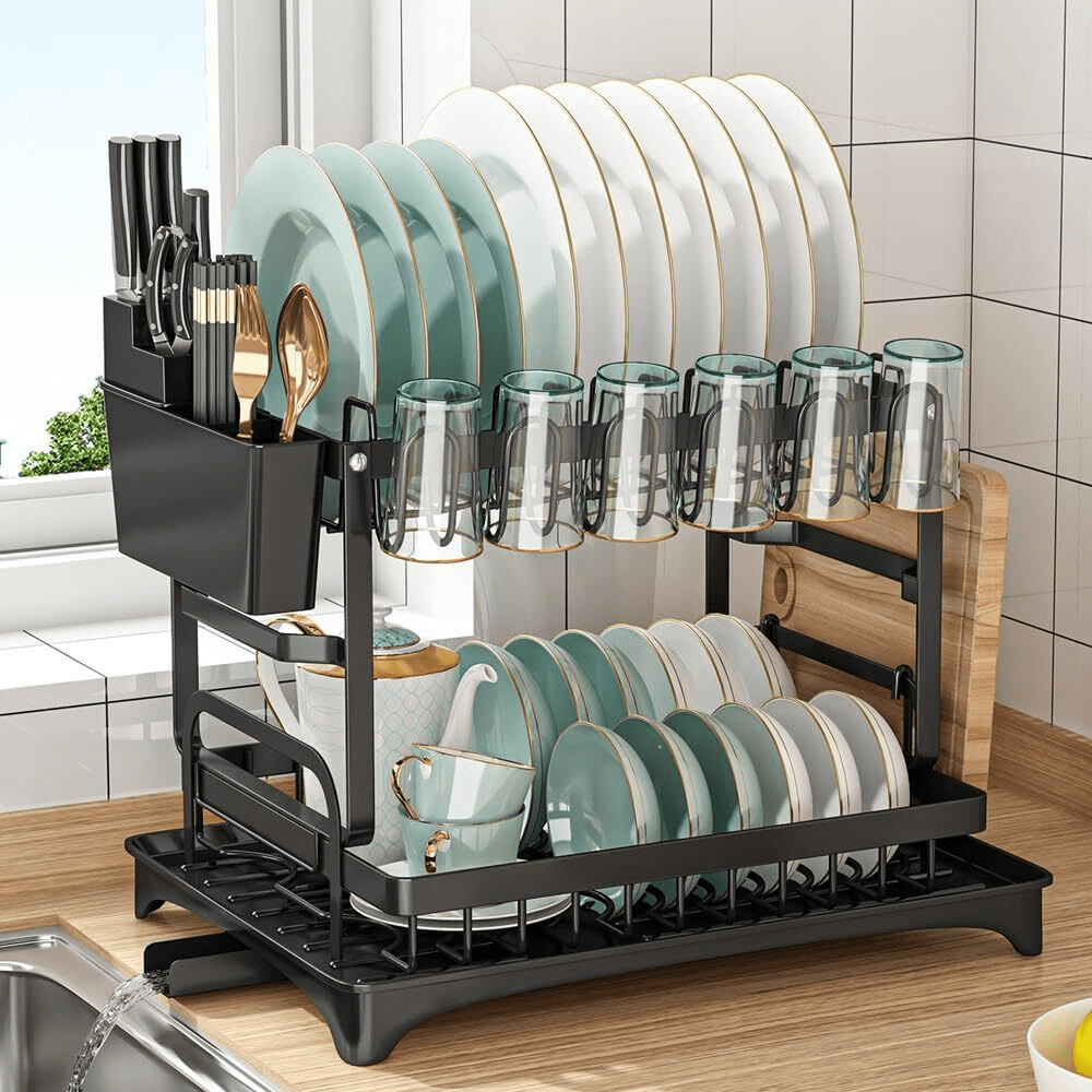 J-Rack secaplato 2 niveles con soporte para cubiertos, vasos y tabla de cortar