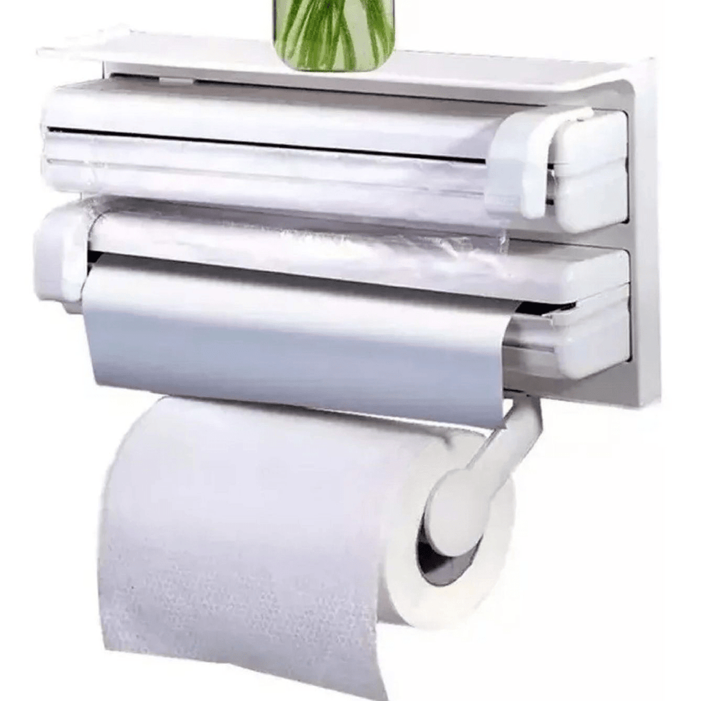 Portarrollos triple de cocina blanco instalado en pared con repisa superior