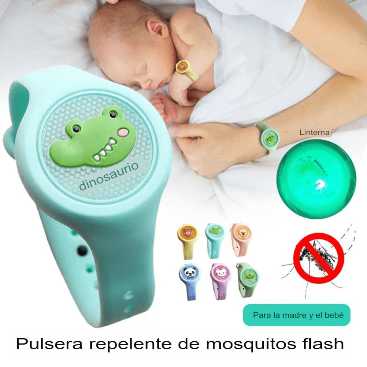 Pulsera repelente dinosaurio con luz flash - colores disponibles
